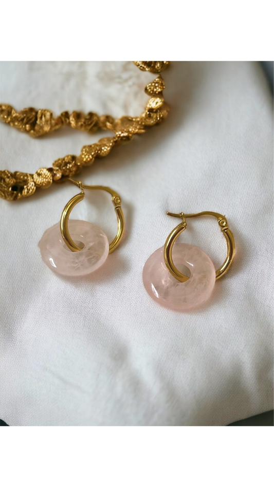 Belleus Crystalline Earrings - natural Rose Quartz crystal with 18K Gold-plated, stainless-steel hoop earrings