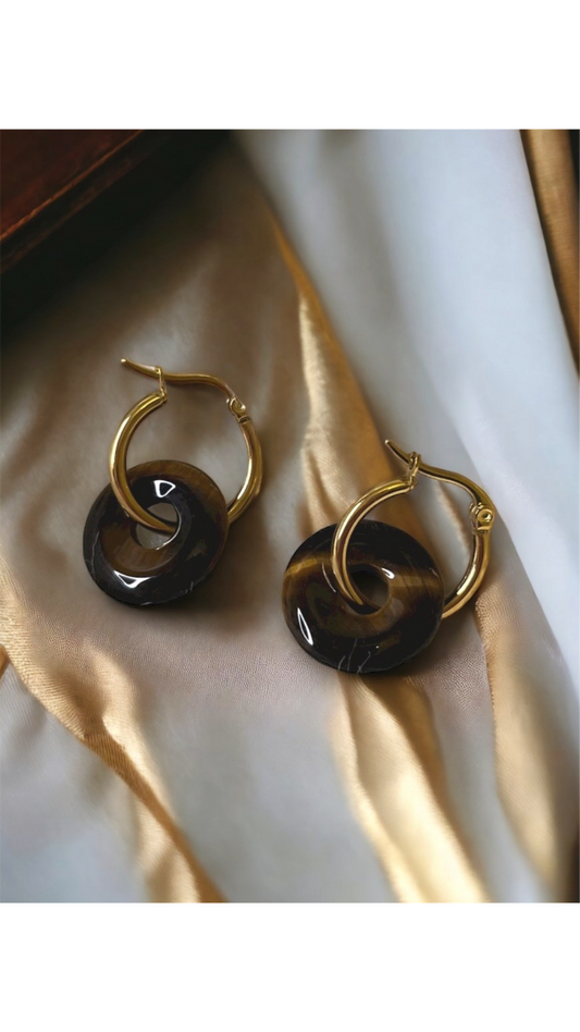 Belleus Crystalline earrings - Natural Tiger's Eye crystal with 18K Gold-plated, stainless-steel hoop earrings